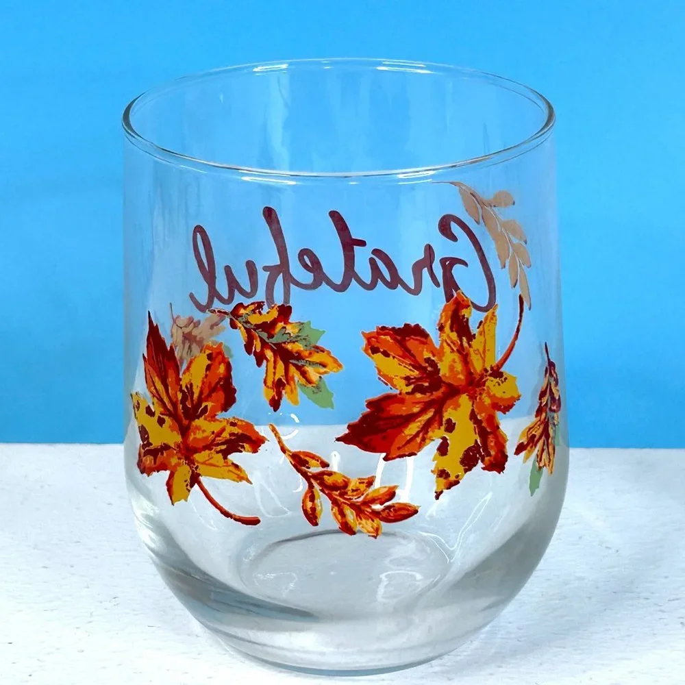 Set of 2‎ Royal Norfolk Autumn Fall Leaves GRATEFUL Stemless Wine Juice Glasses